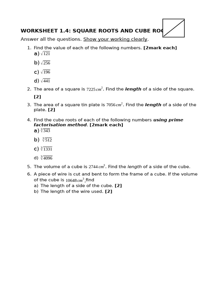 Worksheet 1.4 - Square Roots and Cube Roots | PDF