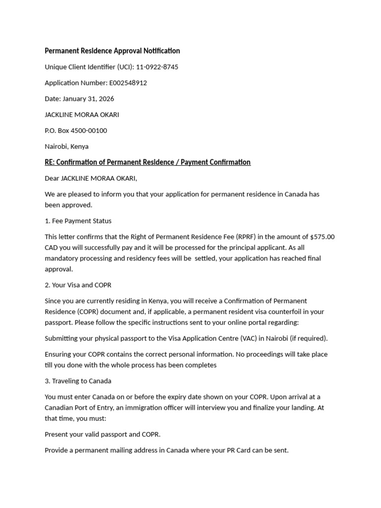 Permanent Residence Approval Notification Jmo | PDF