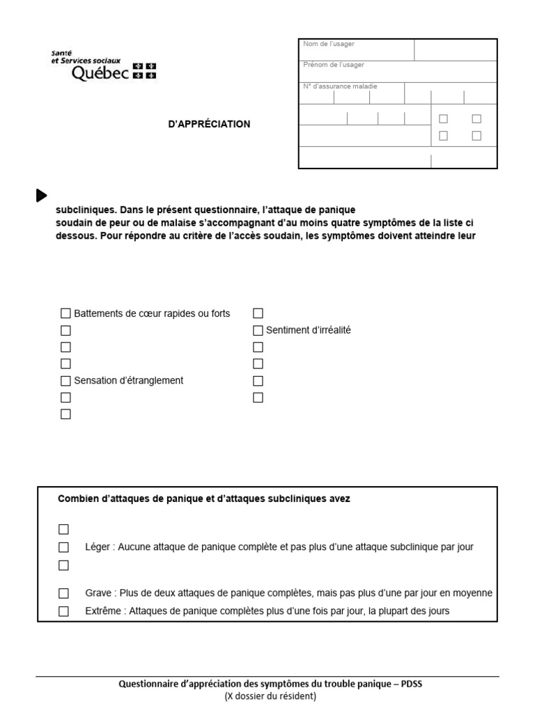 Form Questionnaire PDSS | PDF | Attaque de panique | Peur