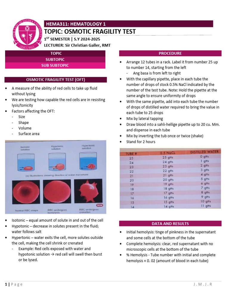 Lab 3 - Osmotic Fragility Test | PDF | Medical Specialties | Hematology