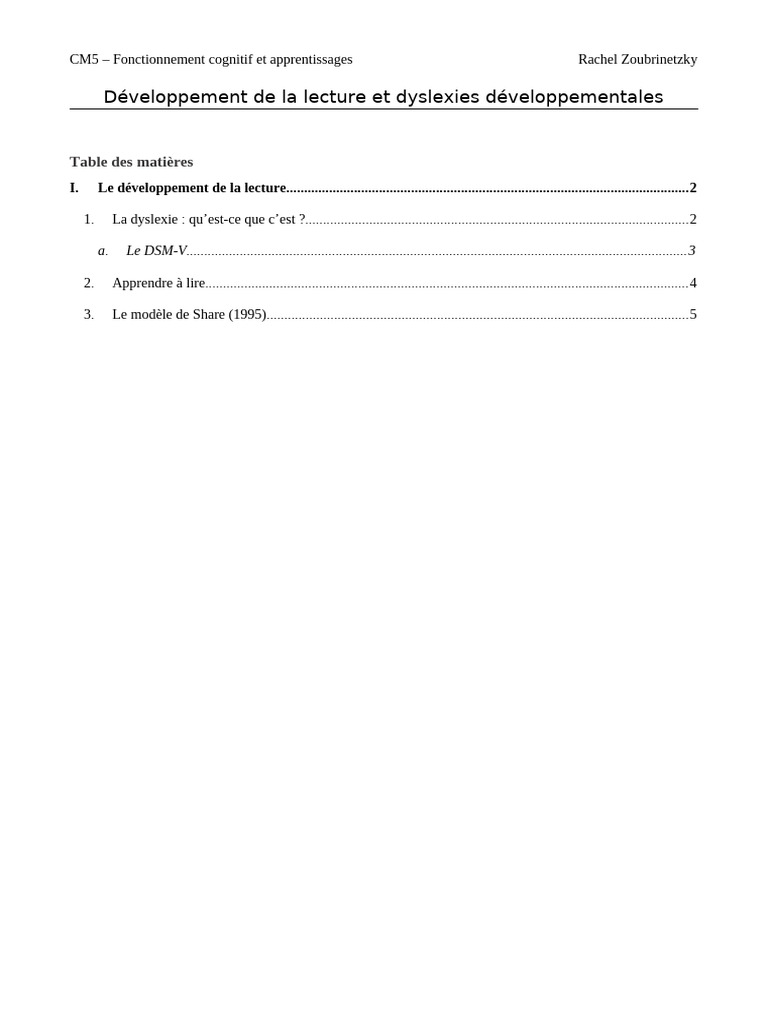 CM5 Développement de La Lecture Et Dyslexies Développementales | PDF ...