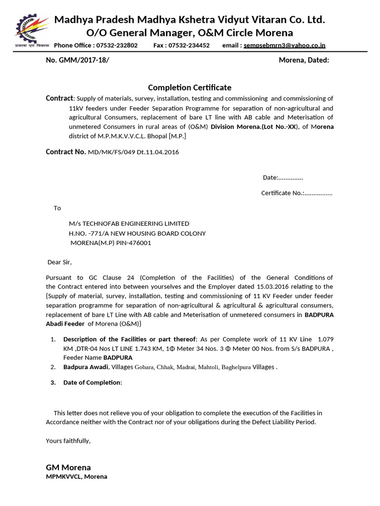 Completion Certificate HT BADPURA - Copy | PDF
