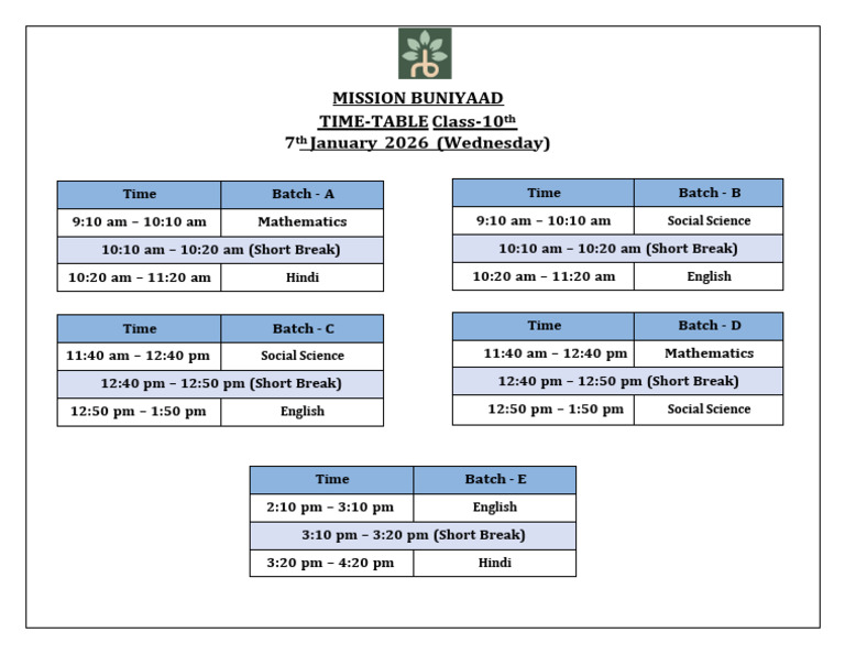 10th - Time Table - 7th January 2026 (Batch Wise) | PDF