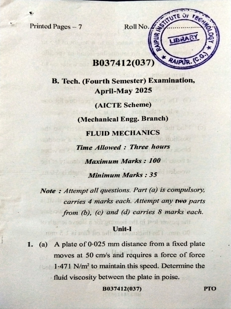 2025 Apr-May Fluid Machines (AICTE) | PDF | Fluid Dynamics | Viscosity
