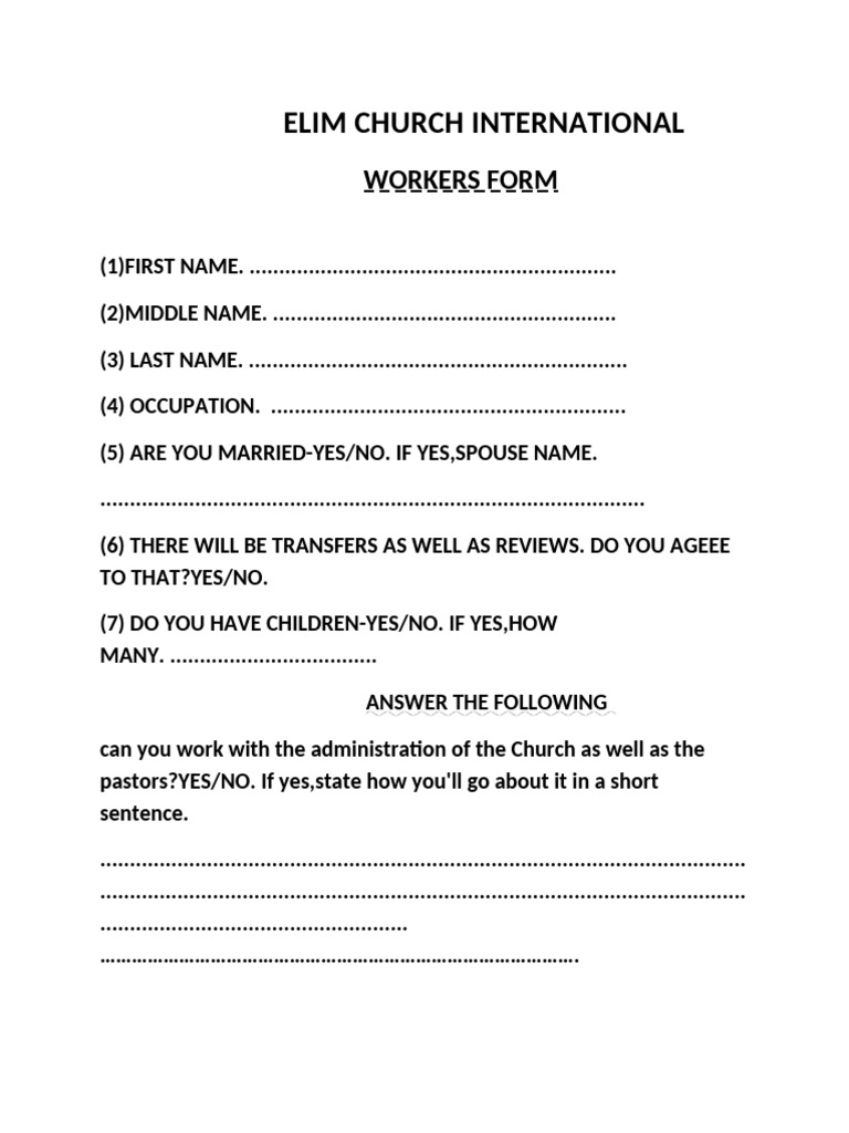 Elim Church Int-Workers Form | PDF