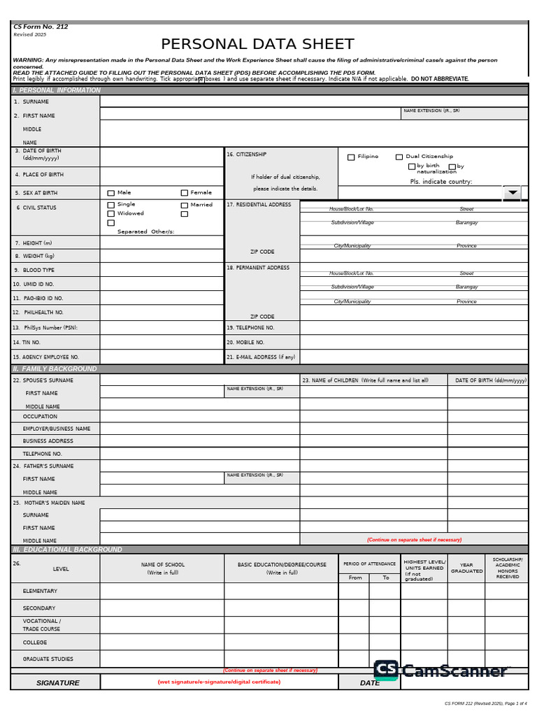 ANNEX H-1 - CS Form No. 212 Revised 2025 - Personal Data Sheet | PDF ...