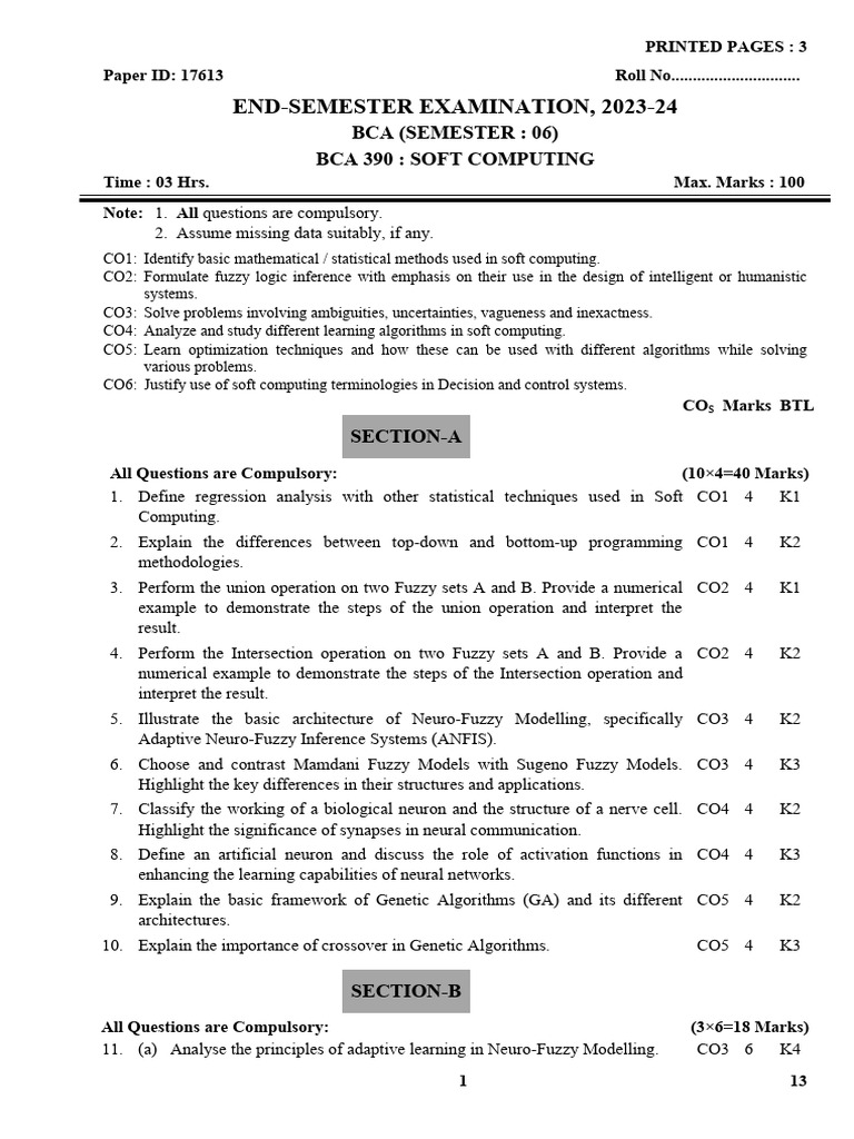 Bca 390 Soft Computing 2023-24 (Even Term) | PDF | Fuzzy Logic ...
