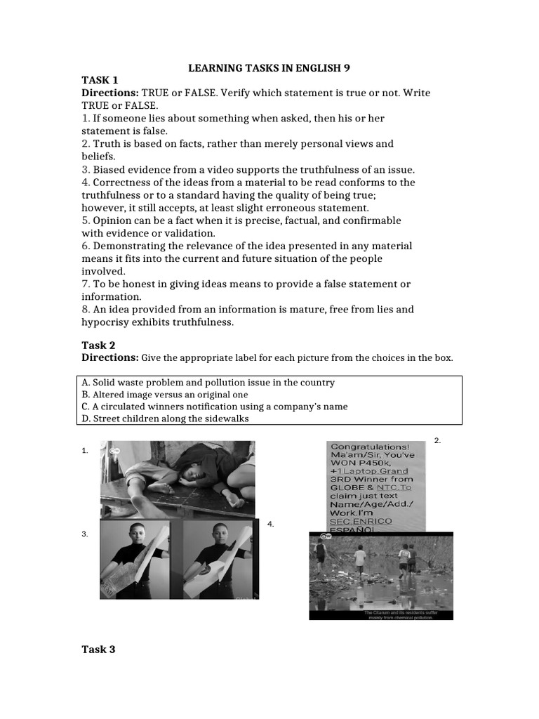 Learning Tasks in English 9 | PDF | Truth | Evidence
