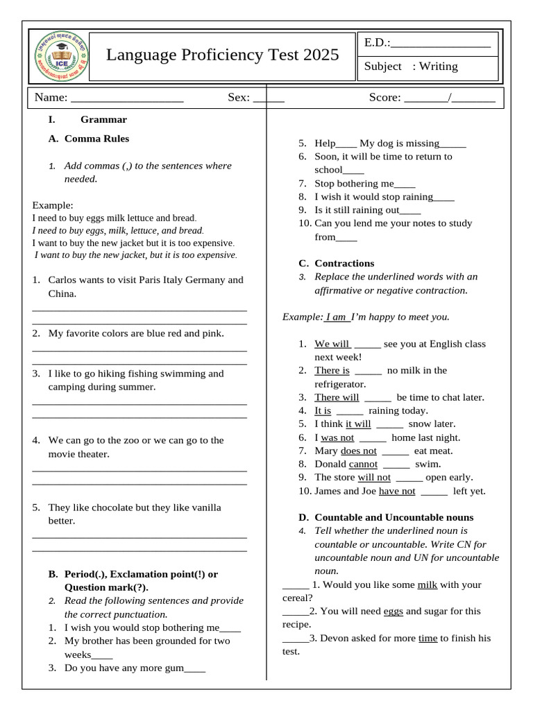Writing Skill (Language Proficiency Test 2025) | PDF | Syntax | Grammar