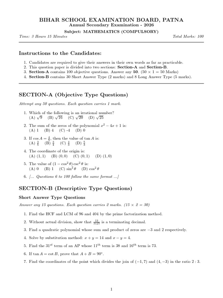 MathsBiharBoardSamplePaper2026 MMS | PDF | Quadratic Equation ...