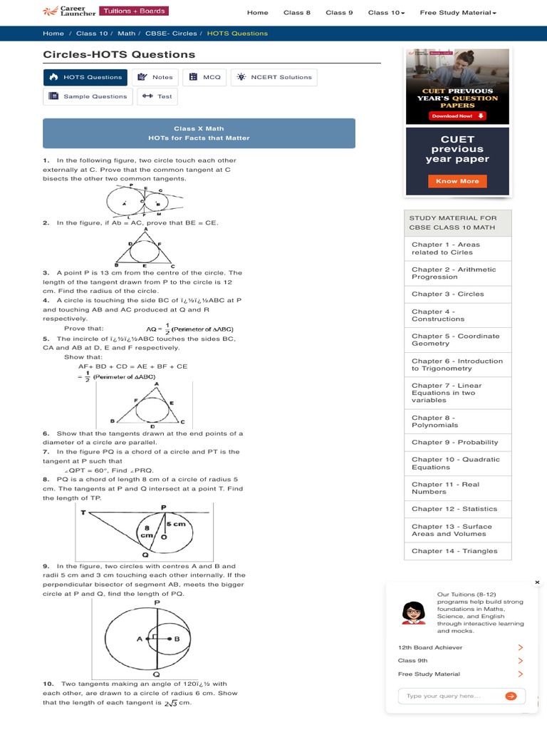 CBSE 10, Math, CBSE - Circles, HOTS Questions | PDF | Circle | Analytic ...