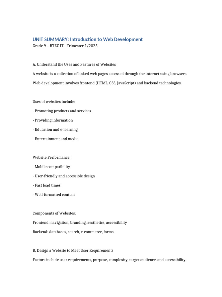 Web Development Unit Summary | PDF