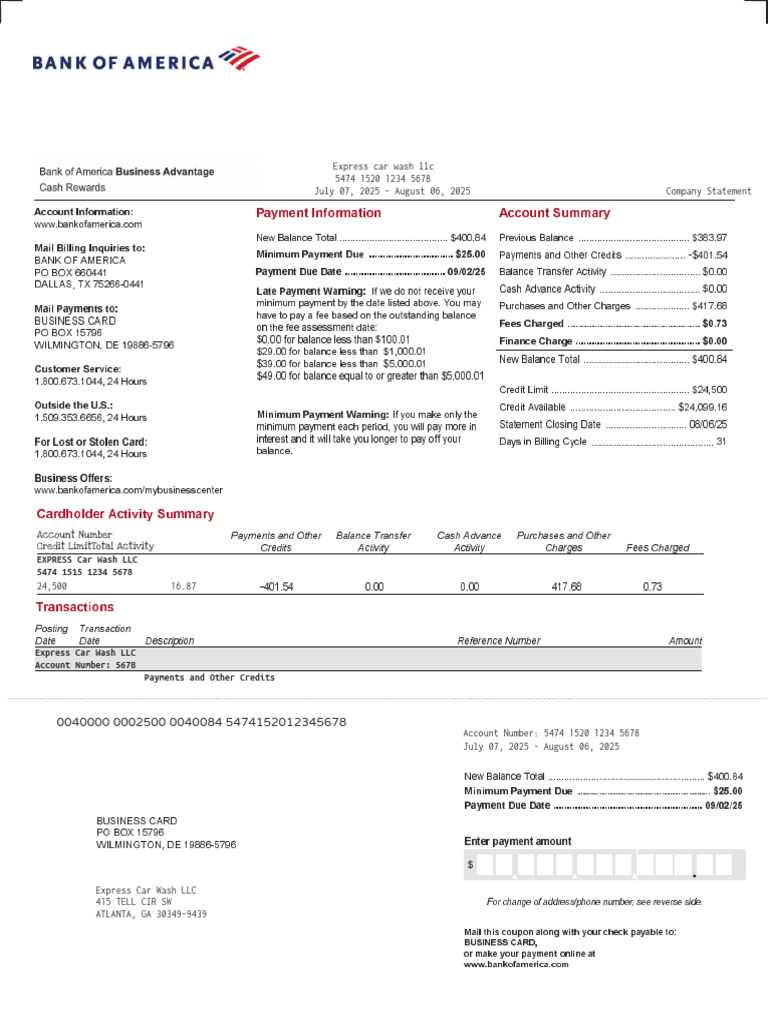 Sample Bank of America Statement - 2025-08-06 | PDF | Credit Card | Money