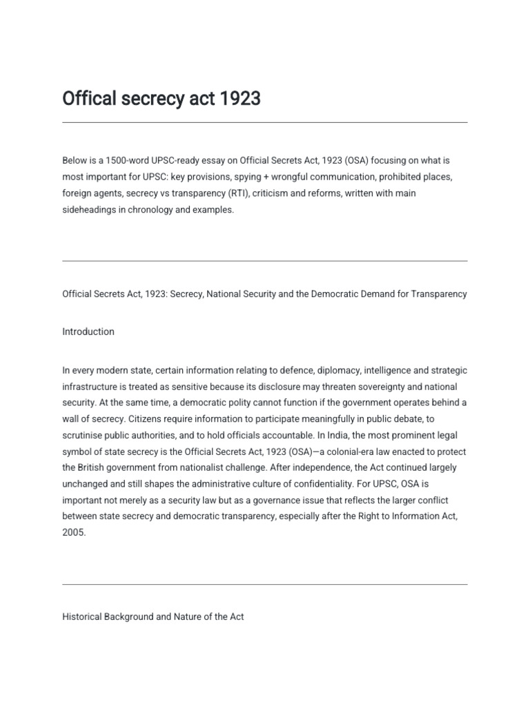 Offical Secrecy Act 1923 | PDF | Espionage | Classified Information