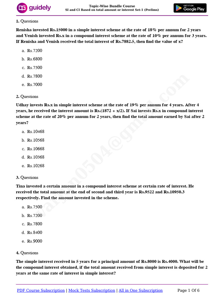 SI and CI - Based On Total Amount or Interest Set - 1 | PDF | Interest ...