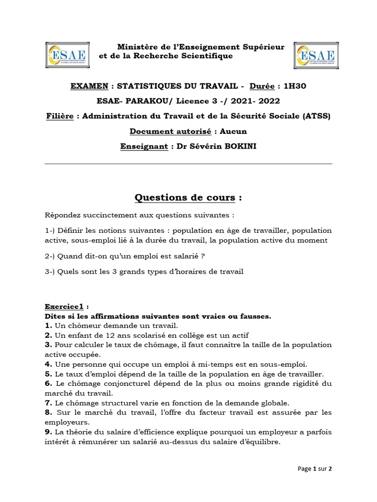 Examen Statistiques de Travail L3 ATSS ESAE 2021-2022 | PDF | Chômage ...