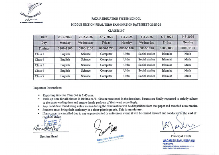 Middle Section Final Term Examination Date Sheet 2025-26 | PDF