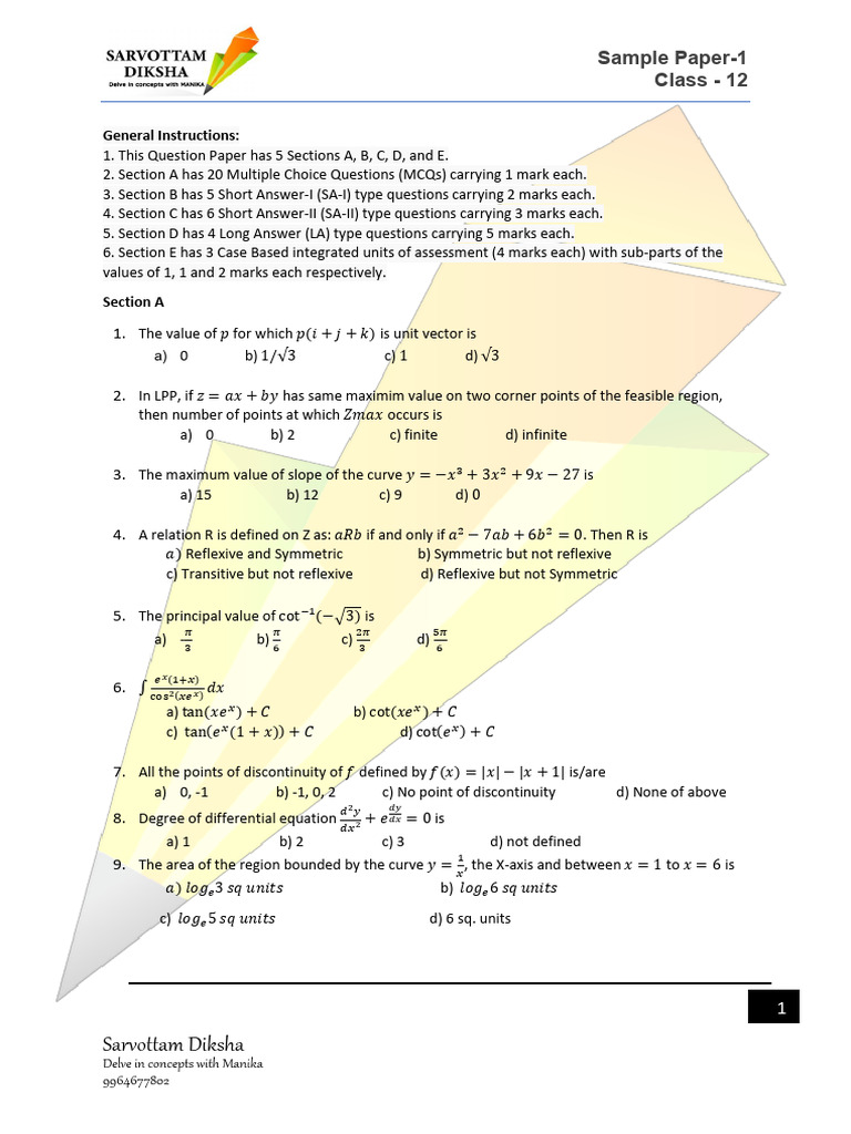 Sample Paper 1 - Class 12 CBSE | PDF | Pi | Matrix (Mathematics)