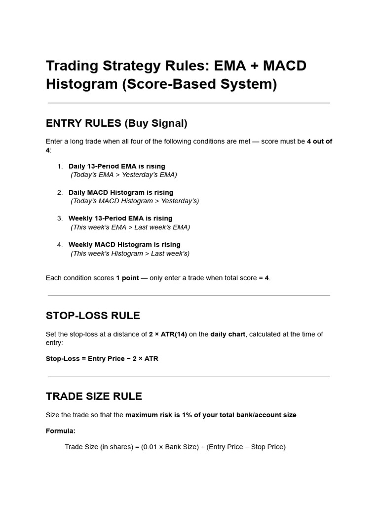 Trading Strategy Rules - EMA + MACD Histogram (Score-Based System) | PDF