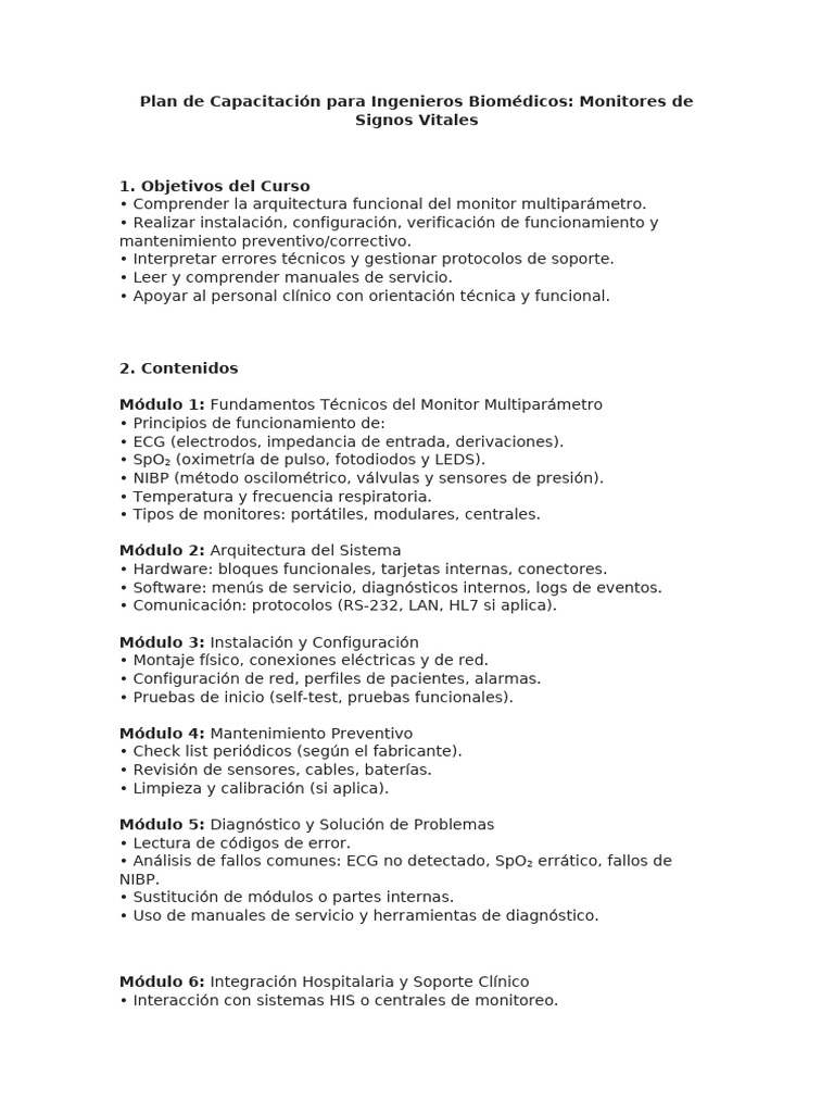 Plan de Capacitación para Ingenieros Biomédicos | PDF