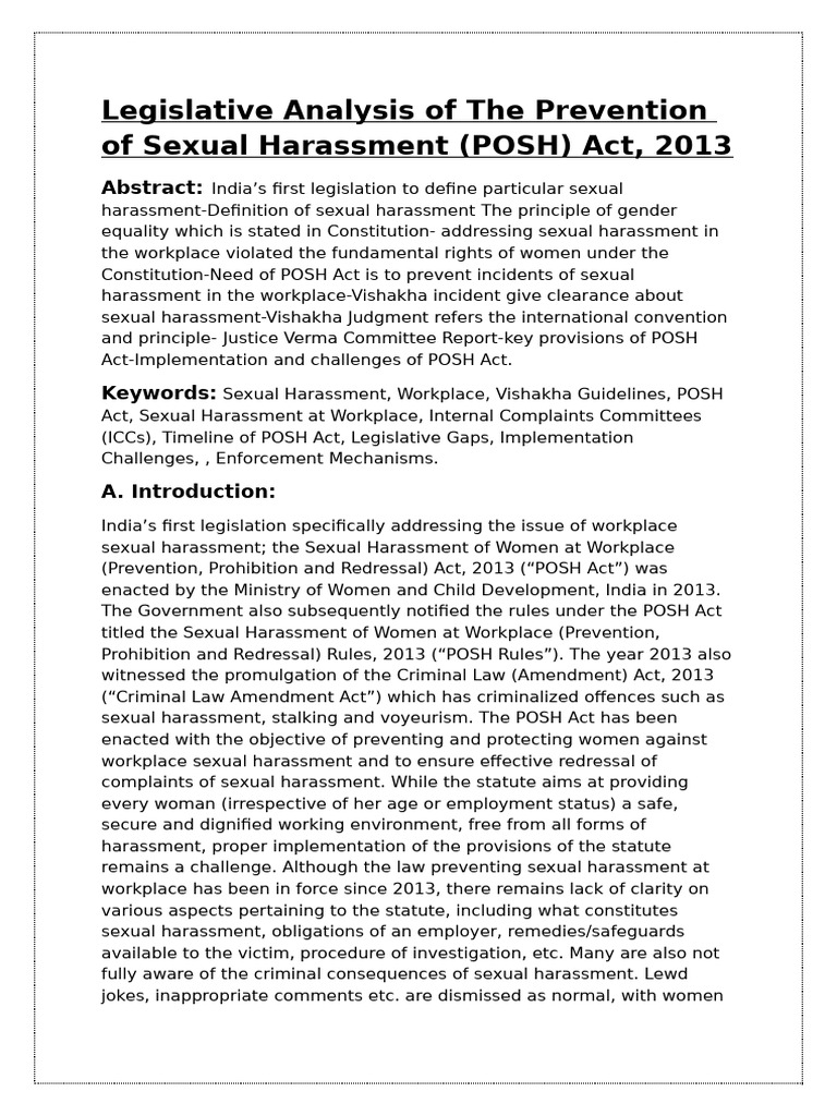 POSH Act | PDF | Sexual Harassment | Convention On The Elimination Of ...