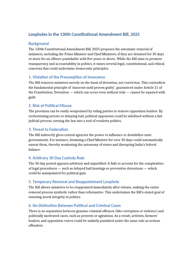 Loopholes in 130th Amendment Bill 2025 | PDF | Presumption Of Innocence ...