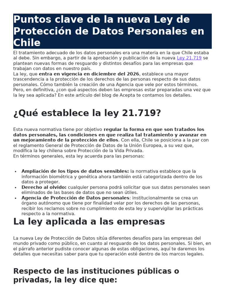 Puntos Clave de La Nueva Ley de Protección de Datos Personales en Chile ...