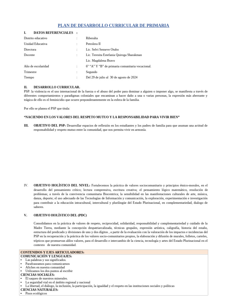 Plan de Desarrollo Curricular de Primaria | PDF