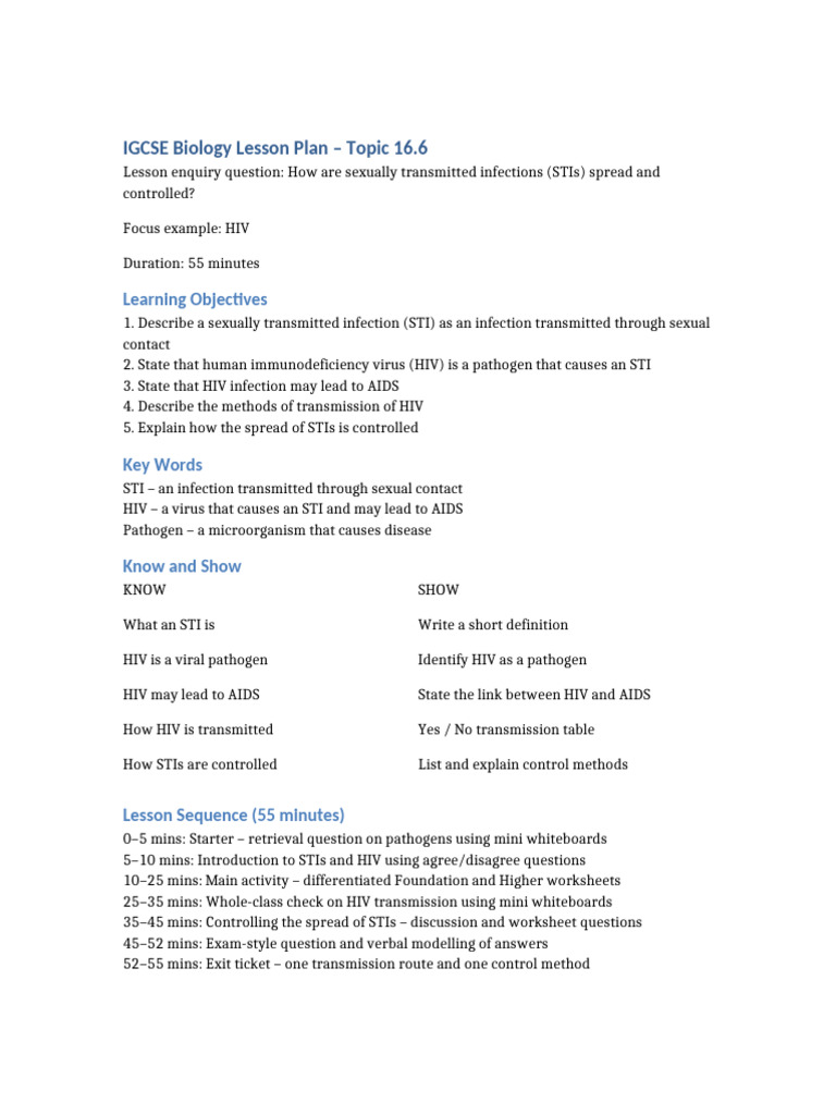 Igcse Stis Hiv Lesson Plan 55min | PDF