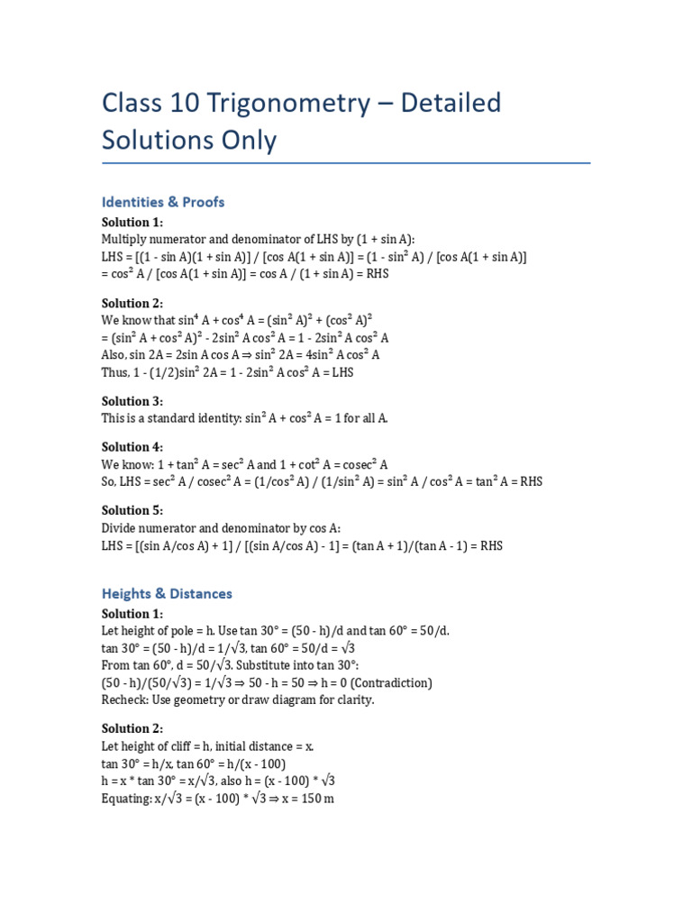 Class10 Trigonometry Solutions Only | PDF | Elementary Mathematics ...