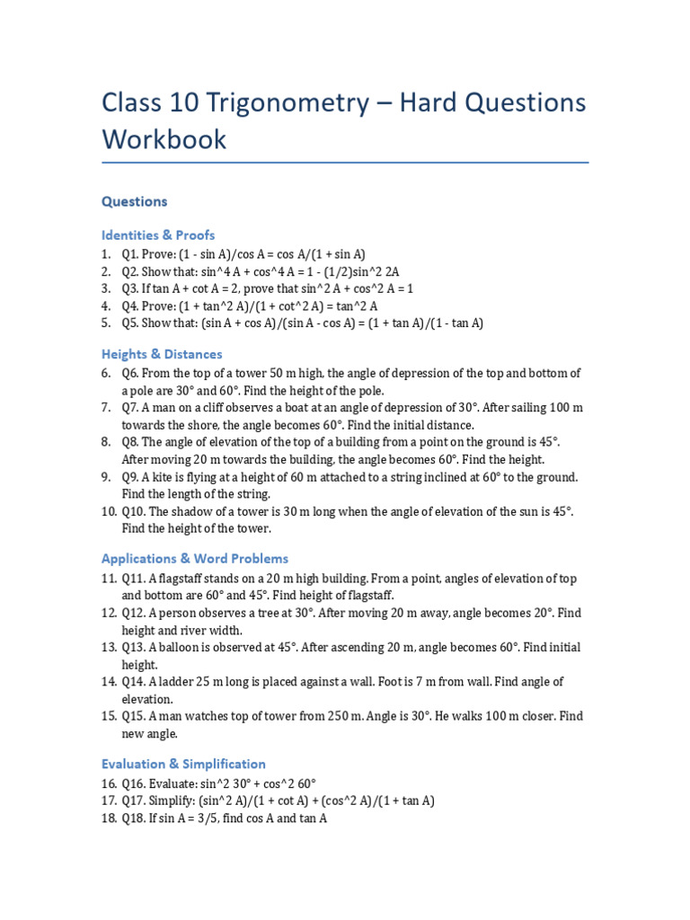 Class10 Trigonometry Workbook Separated - For Merge | PDF | Trigonometry