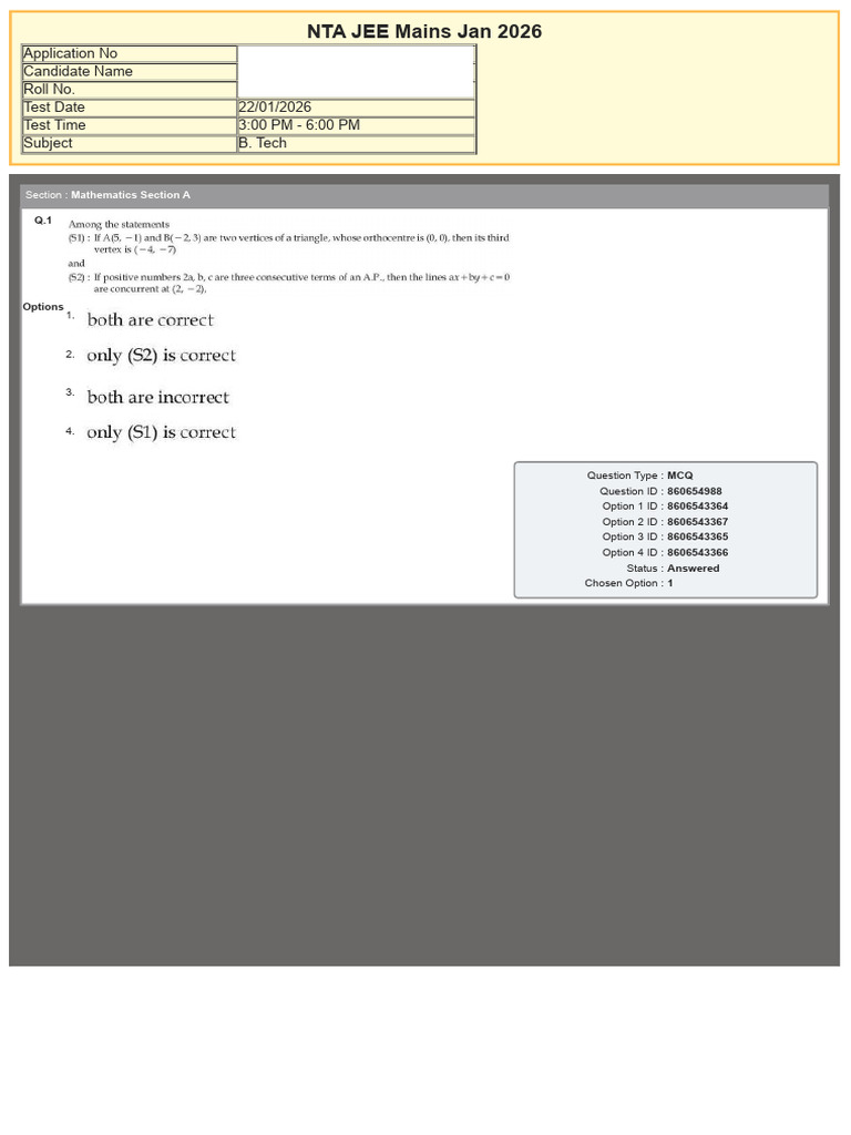 Jee Main 2026 Jan 22 Shift 2 Question Paper 1770195950 | PDF | Higher ...