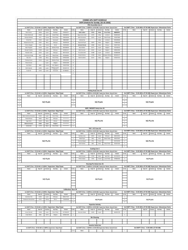 Combo Assembly Shift Schedule | PDF