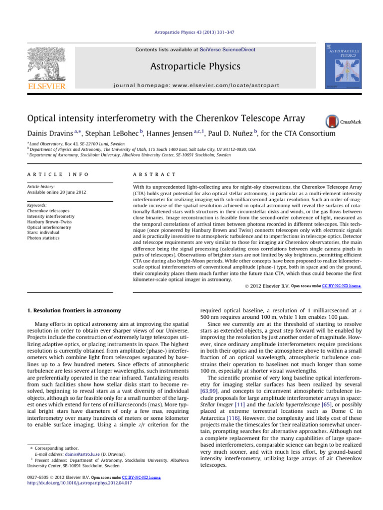 Optical Intensity Interferometry With The Cherenkov Te 2013 ...