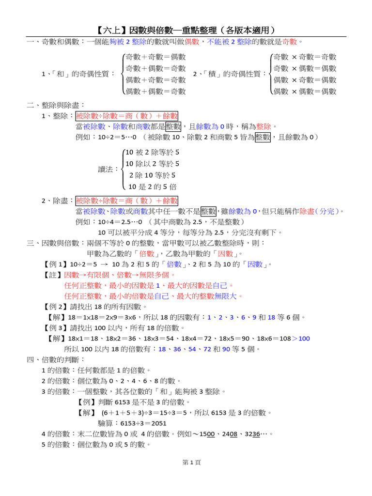 【六上】因數與倍數─重點整理（各版本適用） | PDF