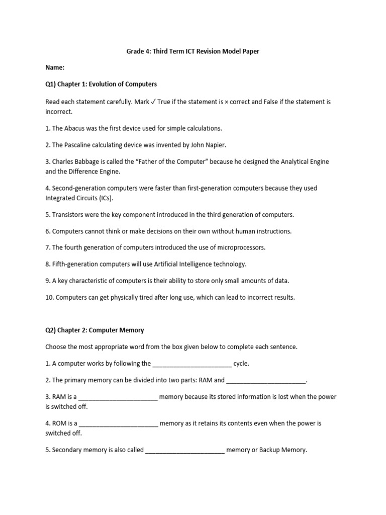 Grade 4 Third Term ICT Revision Model Paper | PDF | Computer Data ...