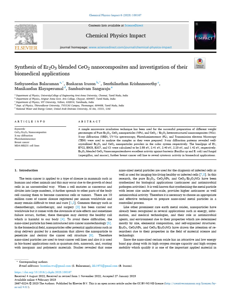 Synthesis of Er2O3 Blended CeO2 Nanocomposites and Invest 2023 Chemical ...