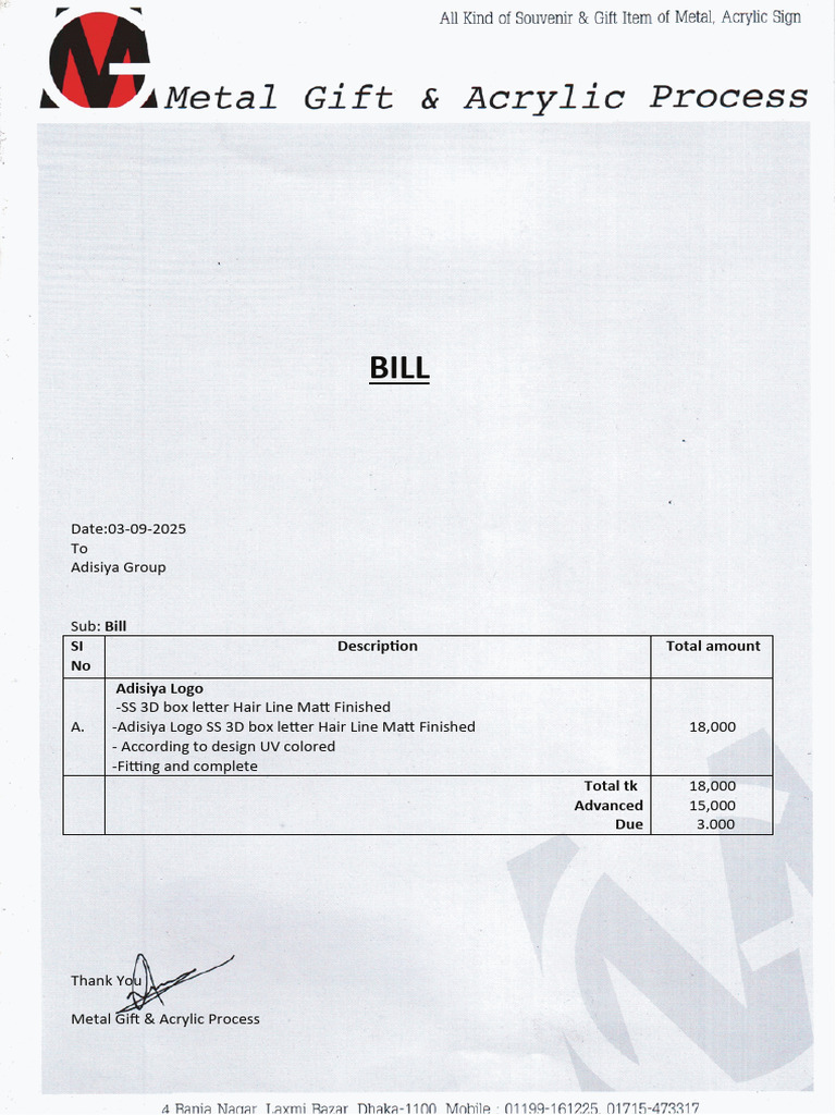 Date:03-09-2025 To Adisiya Group Sub:: Bill SI No Descrip On Total ...