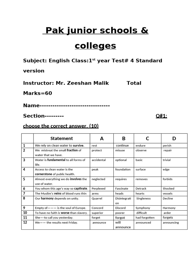 Test #4 New 1st Year Standard Version 3 | PDF | Water | Water Pollution