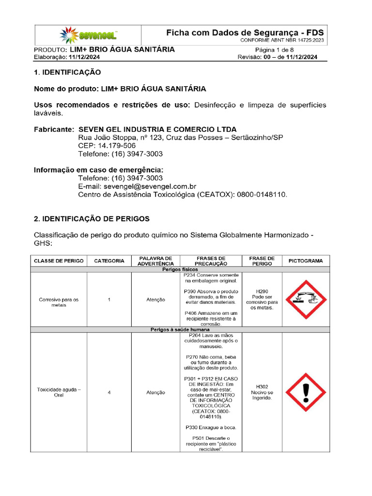 FDS Agua Sanitaria Lim+ Sevengel | PDF