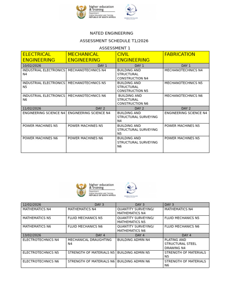Common Assessment Schedule t1-2026 Test 1 | PDF | Engineering ...