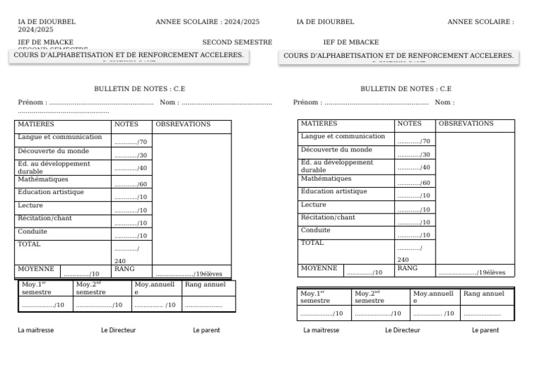 Bulletin de Notes Ce Troisieme Trimestre | PDF