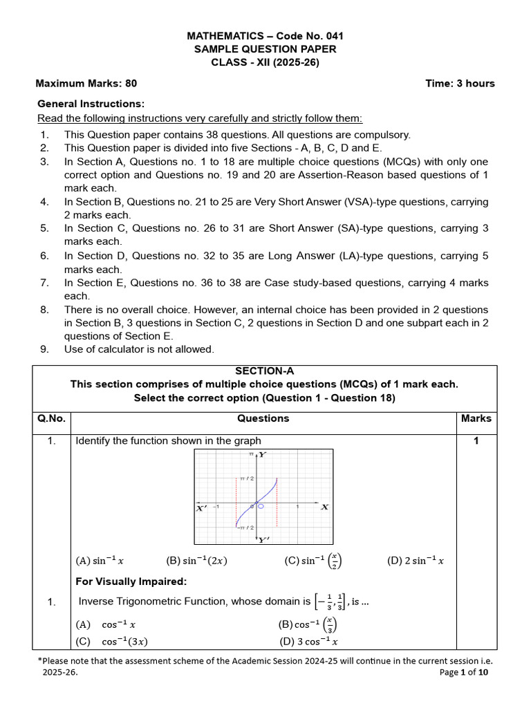 CBSE Class 12 Mathematics Sample Question Paper 2025-26 | PDF | Matrix ...