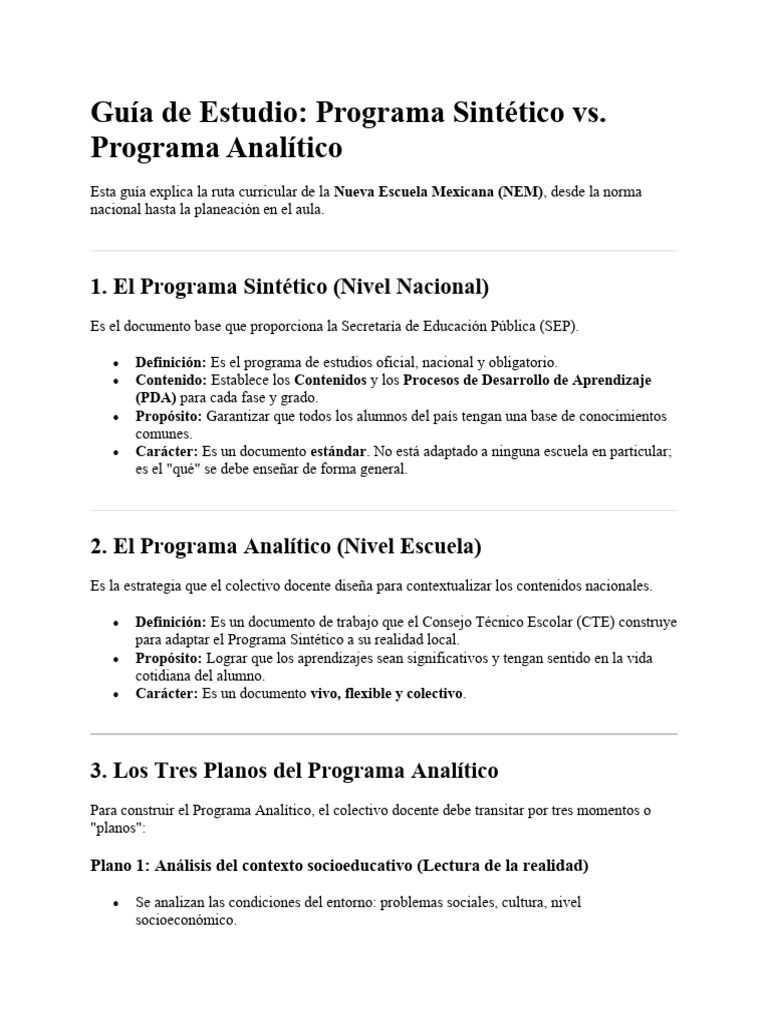 Guía de Estudio Programa Sintético vs. Programa Analítico | PDF