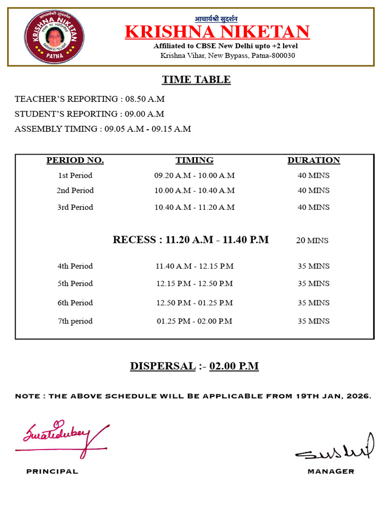 Time Table W.E.F 19th Jan, 26 | PDF