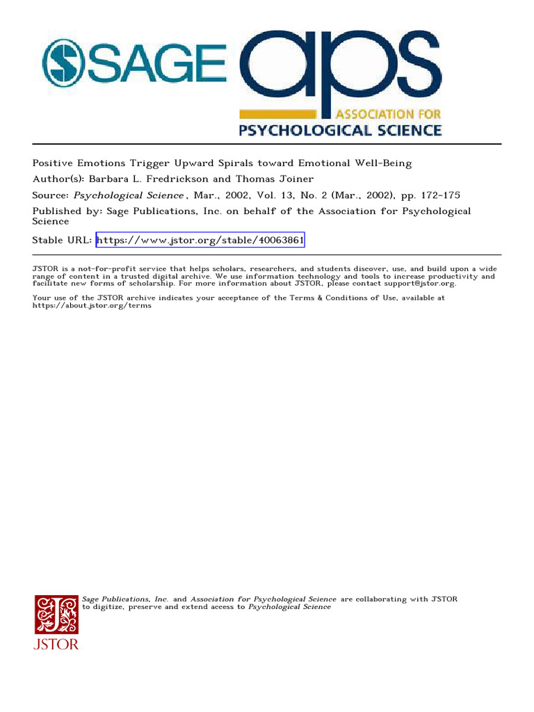 Fredrickson PositiveEmotionsTrigger 2002 | PDF | Affect (Psychology ...