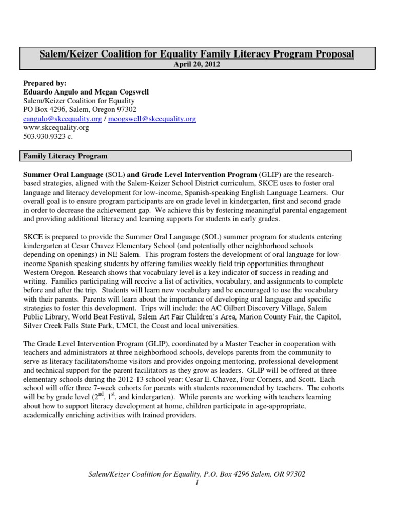 Skce Family Literacy Program Proposal Pdf Reading Comprehension