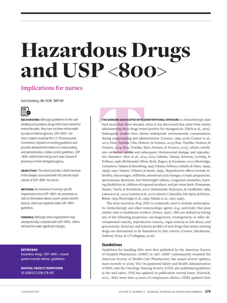 Hazardous Drugs and USP 800 Implicatons For Nurses | PDF | Personal ...