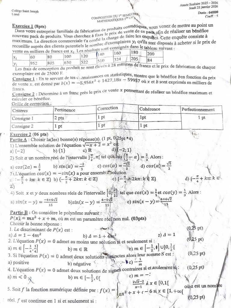 Composition Du 1er Semestre Maths 1ère C4 | PDF