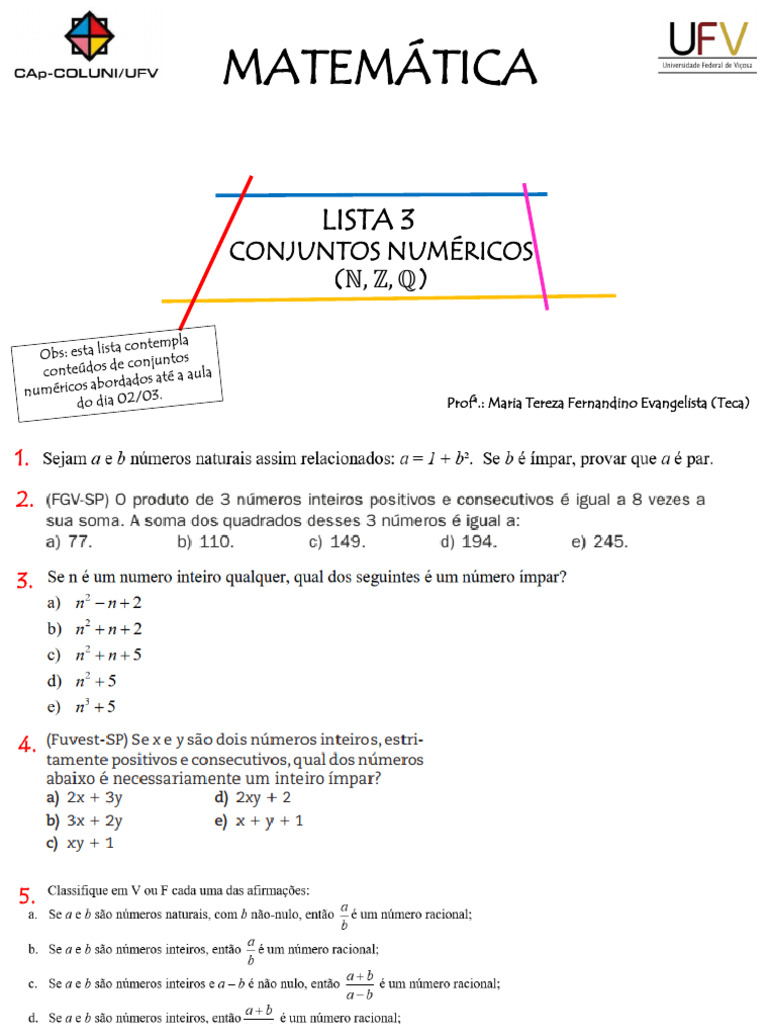 Lista 3 - Conjuntos Numéricos (Até A Aula de 0203) - Atualizada | PDF